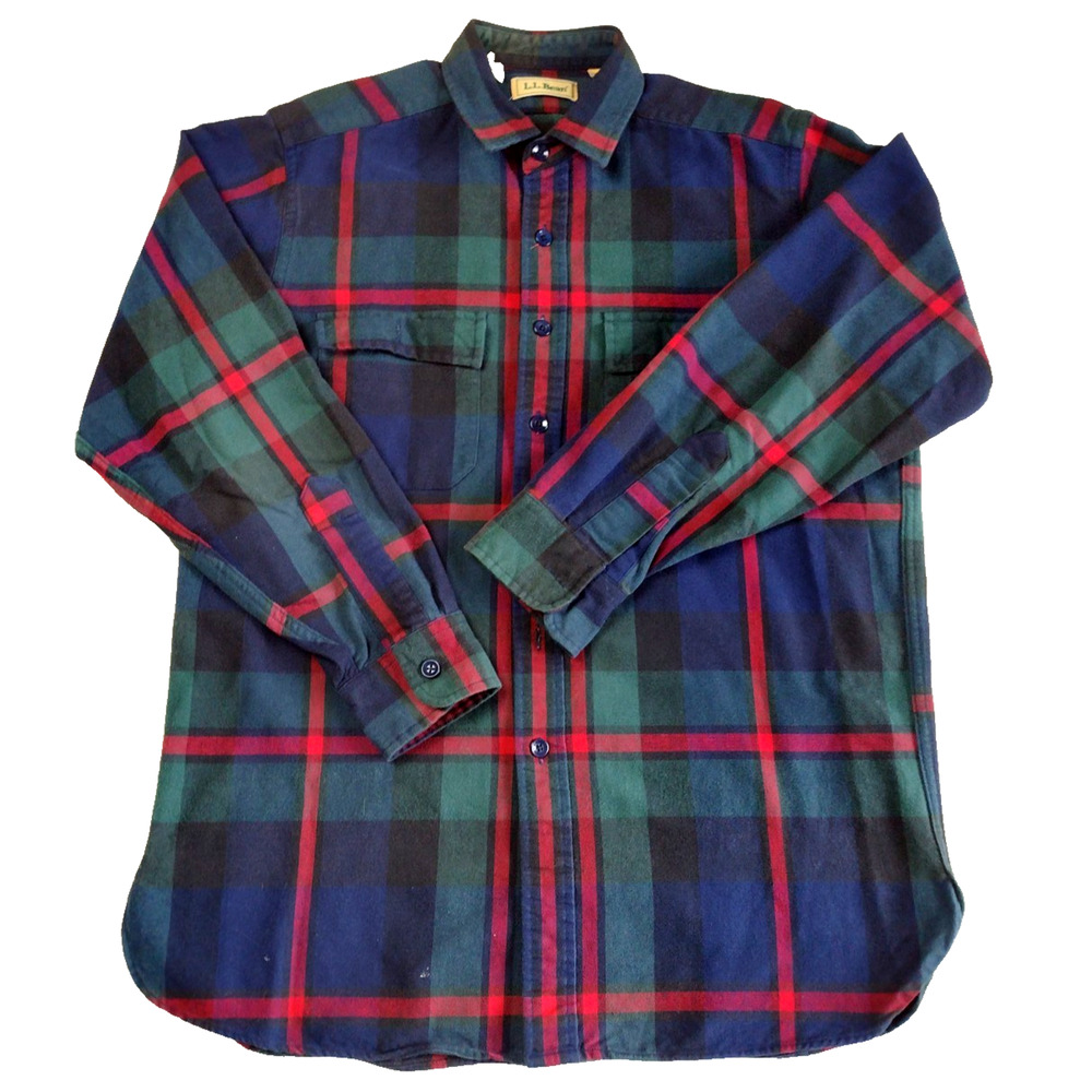 LL BEAN@ Vintage Flannel Shirt Retro 100% Cotton Green Red Outdoor Men's Size M